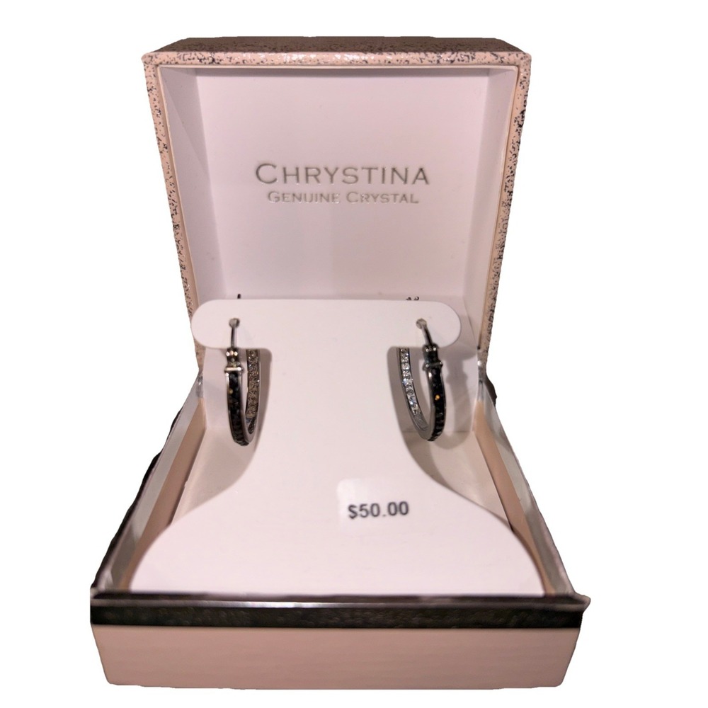 Chrystina Black & Clear Crystal Inside Out 1" Hoop Earrings Pierced Silver Plate